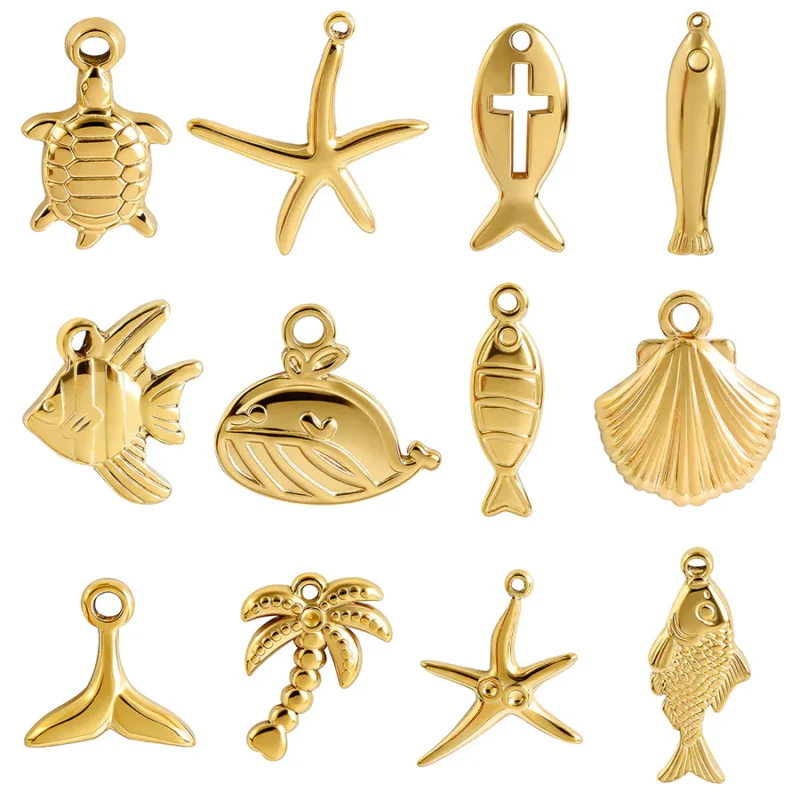 12pcs Stainless Steel Sea Beach Summer Starfish Turtle Fish Charms Pendant Set