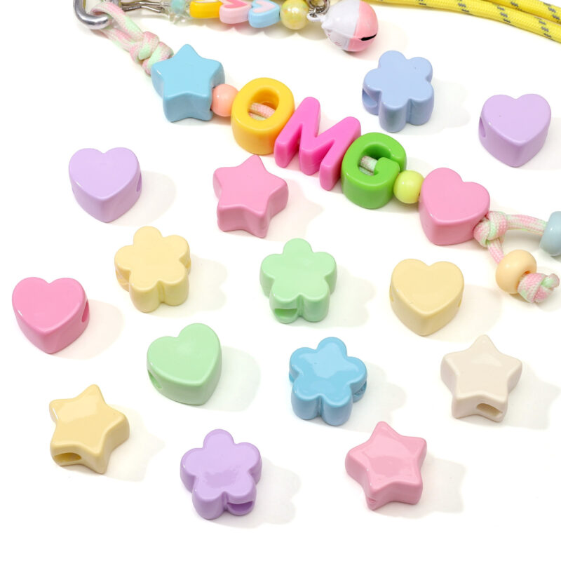 10 Pcs Pastel Glossy Chunky Star & Heart Acrylic Beads Large Hole Spacer Beads for DIY Custom Name Keychains
