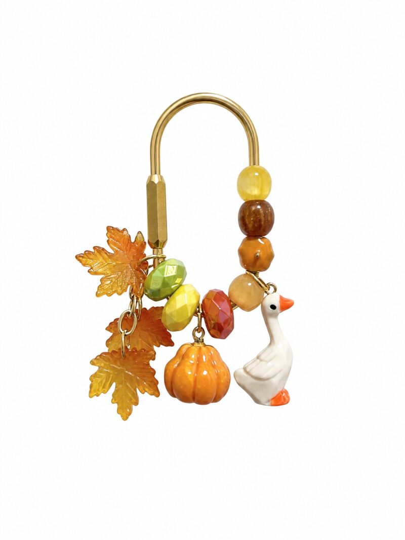 Pumpkin & White Goose Maple Leaf Bag Charm | Handmade Fall Beaded Purse Accessory